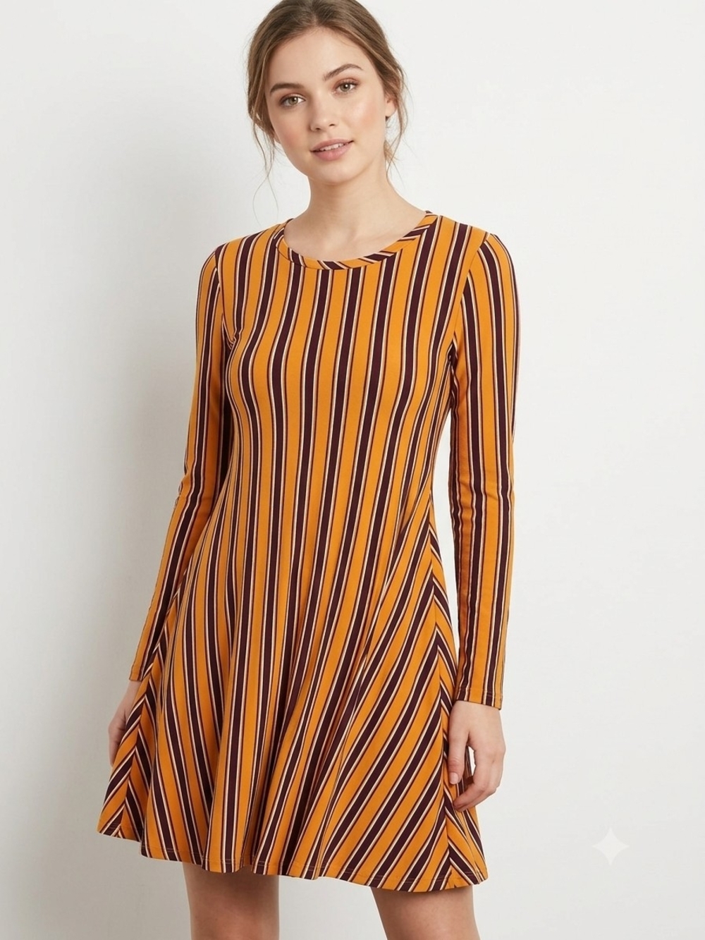 Discreet Boho Mustard & Brown Striped Long Sleeve Swing Dress. Size M.     WD 44